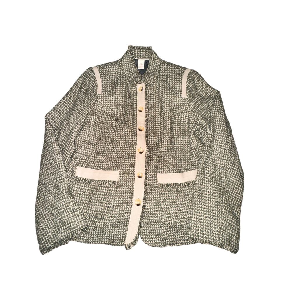 Sundance Jacket Women's Size 14 Green Tweed Button Front Raw Hem Wool Blend